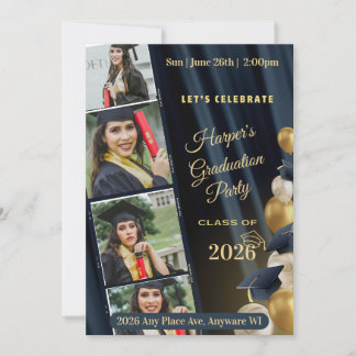 Convite Black White & Gold Photo Graduation Party Invite