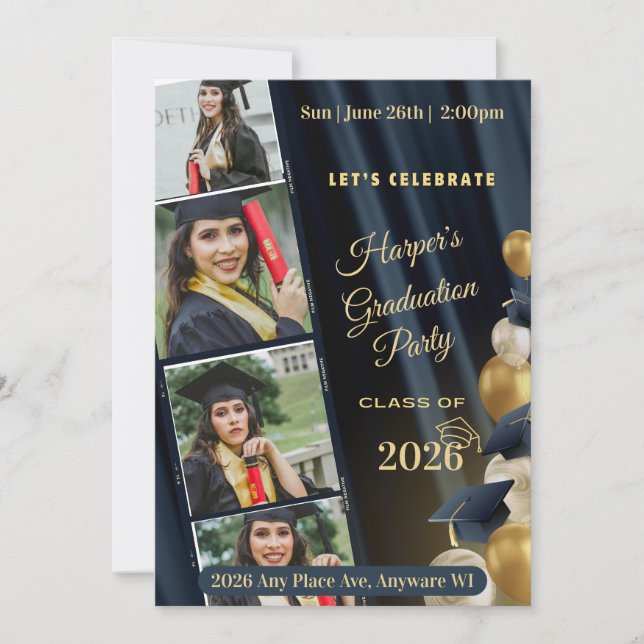 Convite Black White & Gold Photo Graduation Party Invite (Frente)
