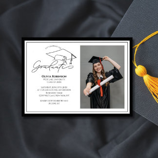 Convite Black White Graduation cap typography photo