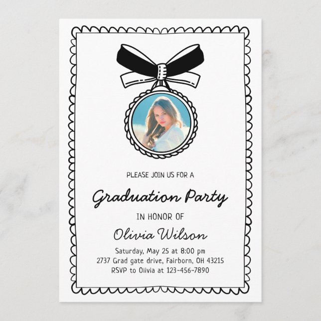 Convite Black & White Hand Drawn Bow Graduation Party (Frente)