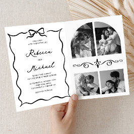 Convite Black & White Hand Drawn Bow QR Code Photo Wedding