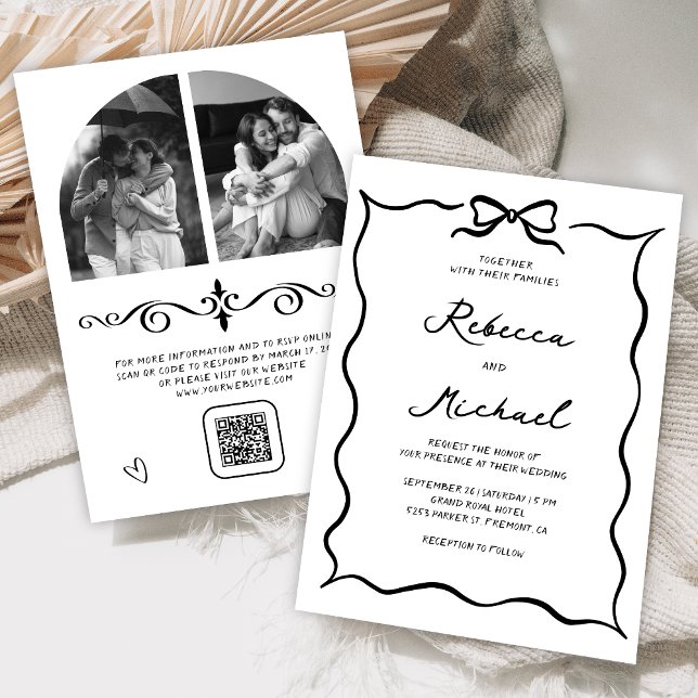 Convite Black & White Hand Drawn Bow QR Code Photo Wedding (Criador carregado)