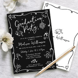 Convite Black White Hand Drawn Doodles Graduation Party