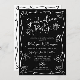 Convite Black White Hand Drawn Doodles Graduation Party