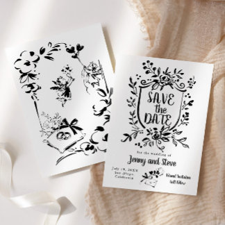 Convite Black & White Hand Drawn Wedding Save The Date