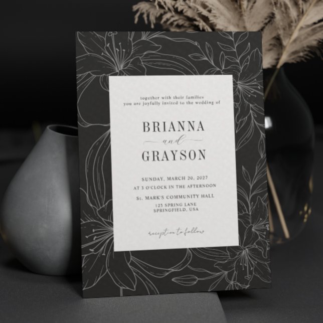 Convite Black White Lily Flower Rustic Elegant Wedding (Criador carregado)