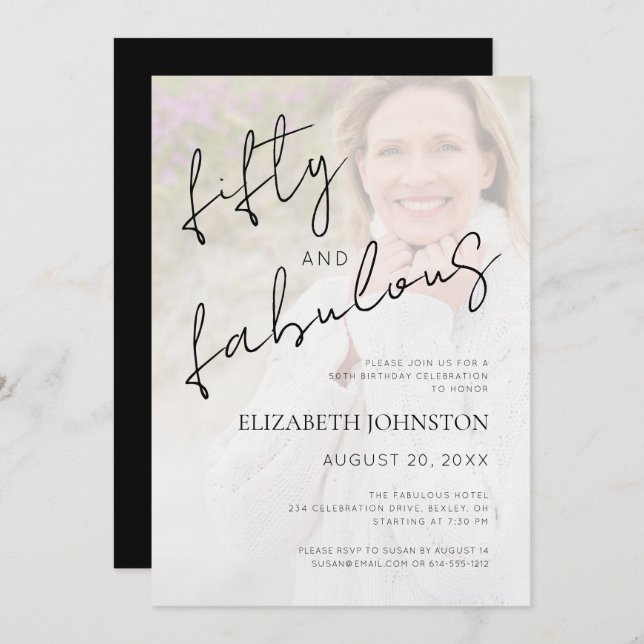 Convite Black White Minimal Photo 50 and Fabulous Birthday (Frente/Verso)