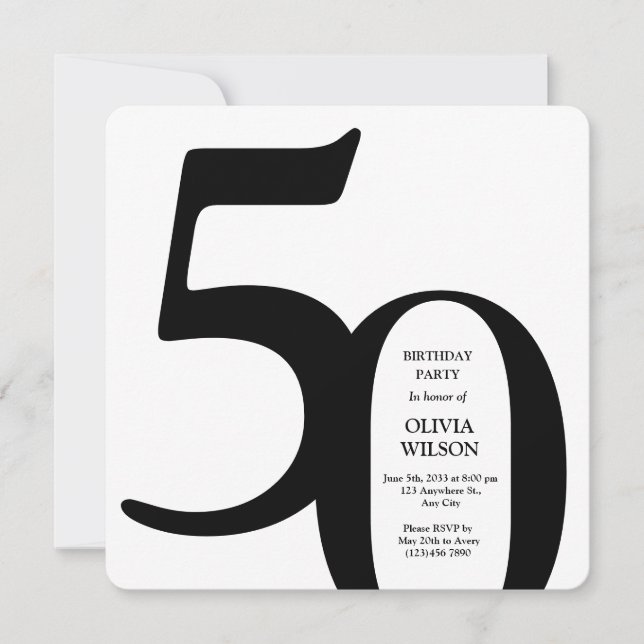 Convite Black & White Minimalist Milestones 50th Birthday  (Frente)