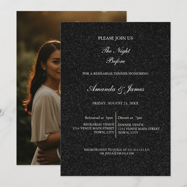 Convite Black White Minimalist Script Rehearsal Dinner  (Frente/Verso)