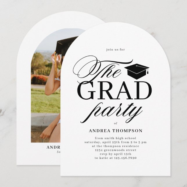 Convite Black White Minimalist The Grad Party Photo  (Frente/Verso)