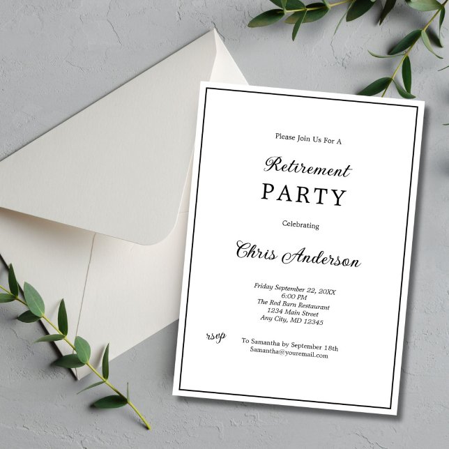 Convite Black White - Mínimo Simples Partido da Reforma Mo (Black White Border minimalist simple elegant Retirement Party Invitation for him or her. Printed )