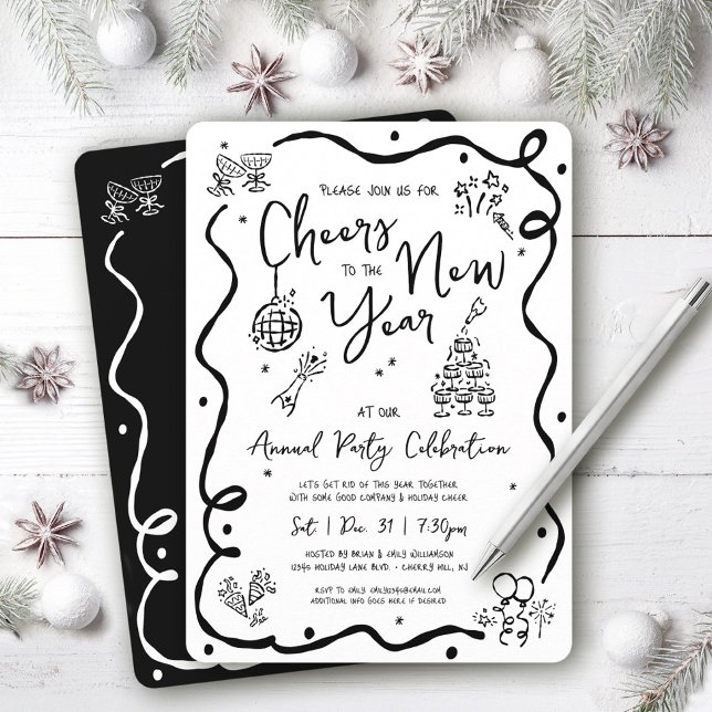 Convite Black White New Year Cheer Hand Drawn Doodle Party (Criador carregado)