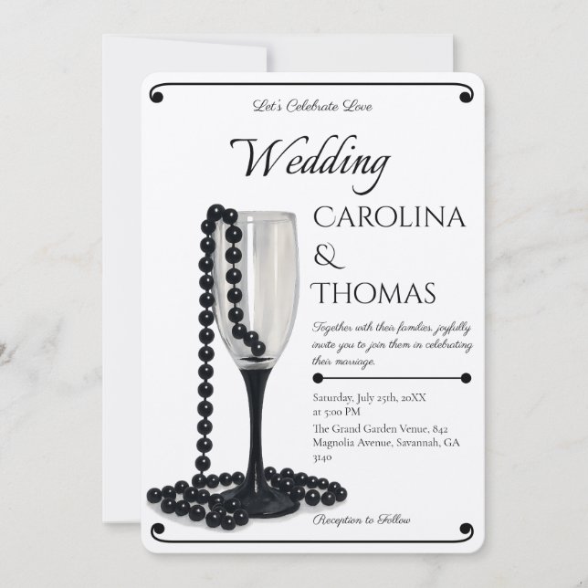 Convite Black & White Pearl Champagne Glass Wedding (Frente)