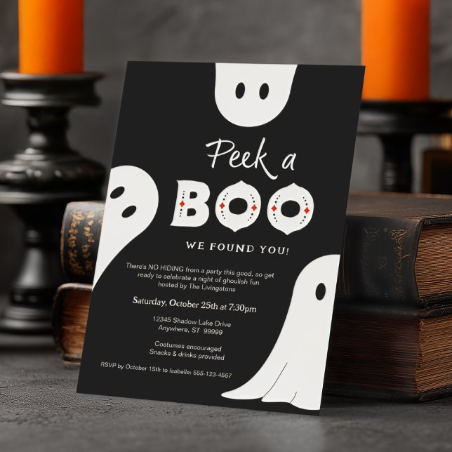 Convite Black White Peek Um Boo Festa de Halloween (Shown on a 5" x 7" invitation)