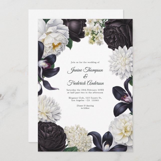 Convite Black & White Photo/QR Code Floral Wedding (Frente/Verso)