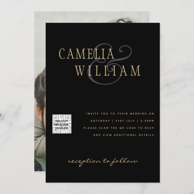Convite Black White PHOTO Wedding Invite QR CODE Save Date (Frente/Verso)