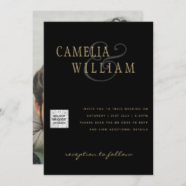 Convite Black White PHOTO Wedding Invite QR CODE Save Date
