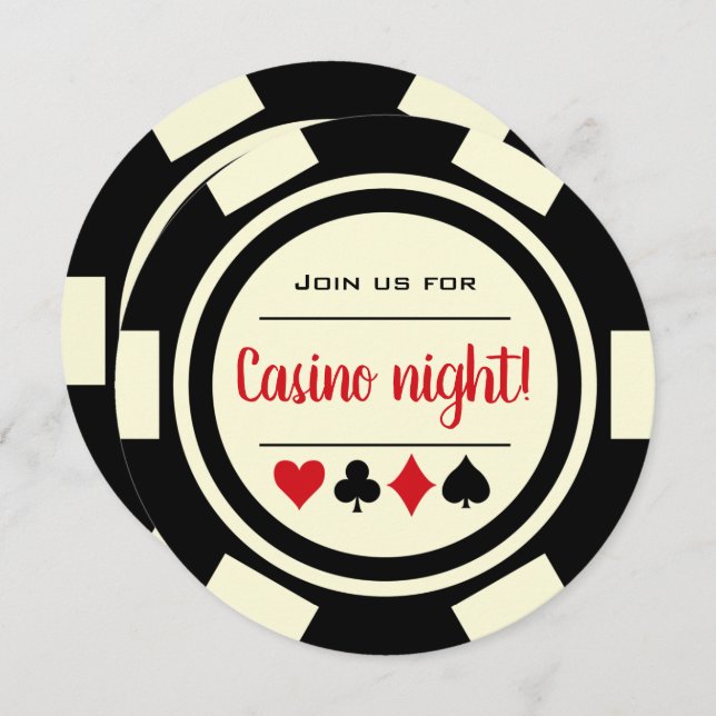 Convite Black White Poker Chip Casino Night (Frente/Verso)
