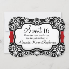 Convite Black/White/Red Damask Shaped Sweet 16 Girls Party