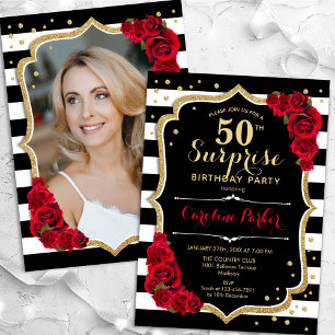 Convite Black White Red Photo Surprise 50th Birthday