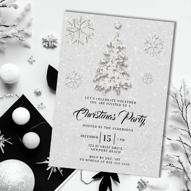 Convite Black White Rhinestone Winter Wonderland Natal (elegant christmas party invite glitter rhinestones tree snowflakes winter wonderland black white)