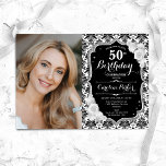 Convite Black White Silver Damask Foto 50º aniversário<br><div class="desc">Elegante convite floral feminino para o 50º aniversário com sua foto. Design branco preto de vidro com prata brilhante. Apresenta cor damasco preta e branca, rosas, fonte de script e confetti. Perfeito para uma festa de comemoração de na moda adulto. Personalize com seus próprios detalhes. Pode ser personalizado para qualquer...</div>