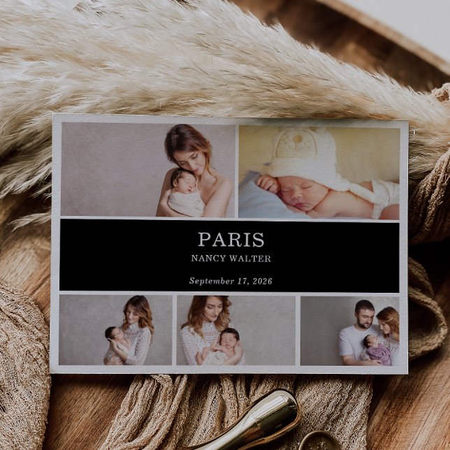 Convite Black White Simple Photo Baby Announcement Card (Criador carregado)