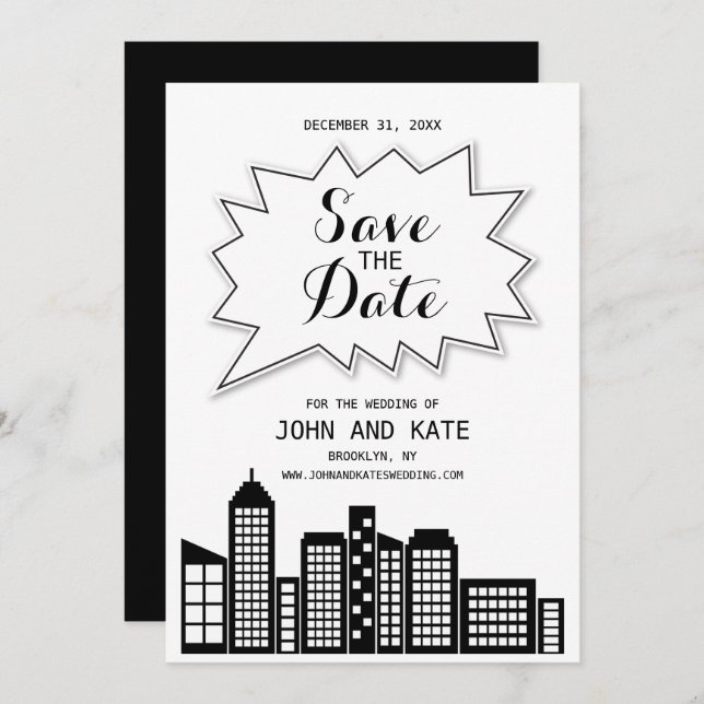 Convite Black & White Skyline Save The Date (Frente/Verso)