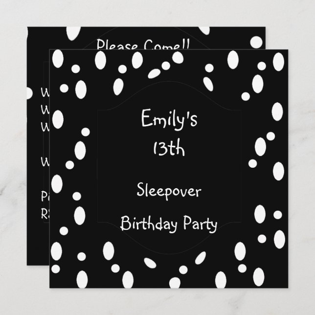 Convite Black White Spots 13 Birthday Sleepover (Frente/Verso)