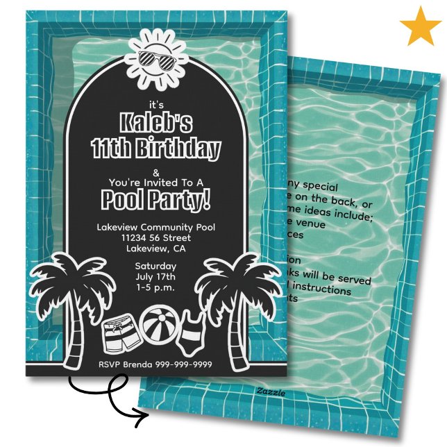 Convite Black White Sticker Pool Party Birthday Invitation (Criador carregado)