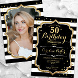 Convite Black White Stripes Foto Dourada 50º Aniversário<br><div class="desc">Elegante 50º convite de aniversário com sua foto no fundo do cartão. Design branco preto de vidro com ouro brilhante. Apresenta faixas pretas e brancas, fontes de script e confetti. Perfeito para uma festa de comemoração de na moda adulto. Personalize com seus próprios detalhes. Pode ser personalizado para qualquer idade!...</div>