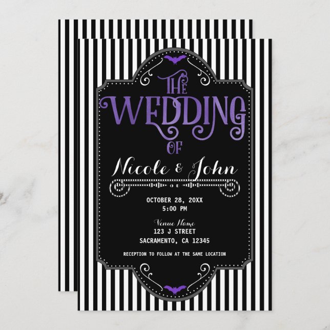 Convite Black White Stripes Purple Gothic Bat Wedding (Frente/Verso)