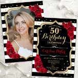 Convite Black White Stripes Rosa vermelha Foto 50º Anivers<br><div class="desc">Elegante convite floral feminino de 50 anos com sua foto no final do cartão. Design branco preto-claro com ouro brilhante. Apresenta faixas pretas e brancas, rosas vermelhas, fontes de script e confetti. Perfeito para uma festa de comemoração de na moda adulto. Personalize com seus próprios detalhes. Pode ser personalizado para...</div>