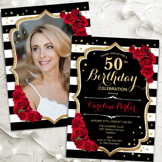 Convite Black White Stripes Rosa vermelha Foto 50º Anivers (Criador carregado)