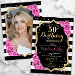 Convite Black White Stripes Roses Rosa Foto 50º Aniversári<br><div class="desc">Elegante convite floral feminino de 50 anos com sua foto no final do cartão. Design cor-de-rosa preto brilhante com ouro brilhante. Apresenta faixas pretas e brancas, rosas cor-de-rosa pinceladas, fontes de script e confetti. Perfeito para uma festa de comemoração de na moda adulto. Personalize com seus próprios detalhes. Pode ser...</div>