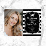 Convite Black White Stripes Silver Foto 50º Aniversário<br><div class="desc">Elegante 50º convite de aniversário com sua foto. Design branco preto de vidro com prata brilhante. Apresenta faixas pretas e brancas, fontes de script e confetti. Perfeito para uma festa de comemoração de na moda adulto. Personalize com seus próprios detalhes. Pode ser personalizado para qualquer idade! Impressos convites Zazzle ou...</div>
