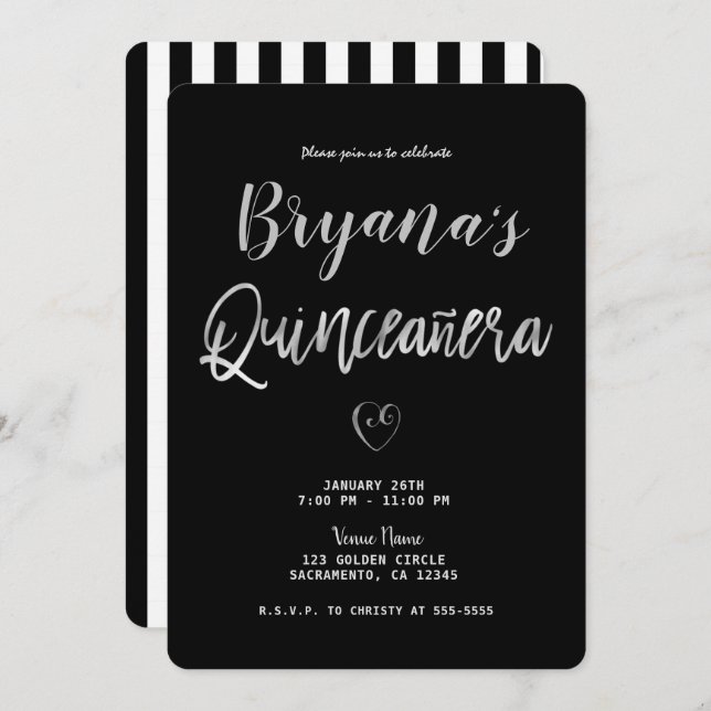 Convite Black & White Stripes Silver Heart 15 Quinceañera (Frente/Verso)