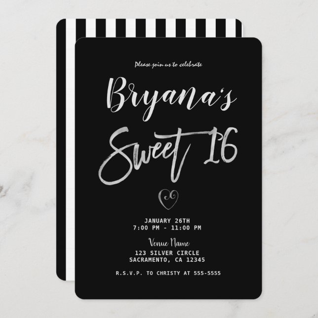 Convite Black & White Stripes Silver Heart Chic Sweet 16 (Frente/Verso)