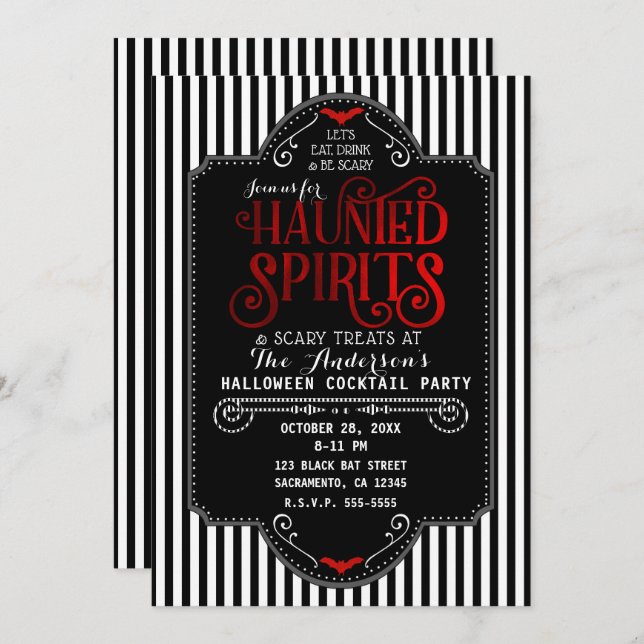 Convite Black White Strips Red Haunted Spirits Cocktail (Frente/Verso)