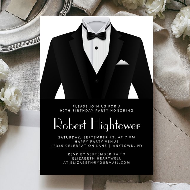 Convite Black White Tuxedo Mens Birthday Party (Criador carregado)