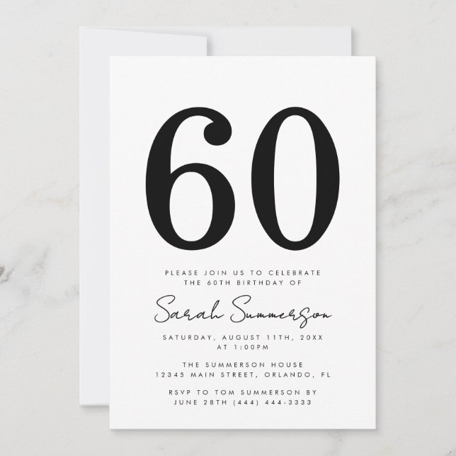 Convite Black White Typography Sixty 60th Birthday Party (Frente)