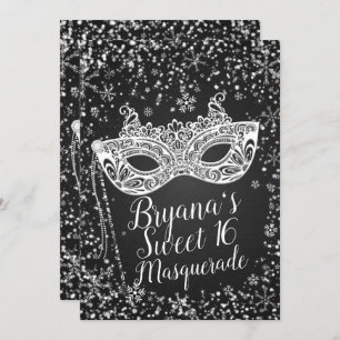 Convite Black White Winter Wonderland Mascarada Sweet 16