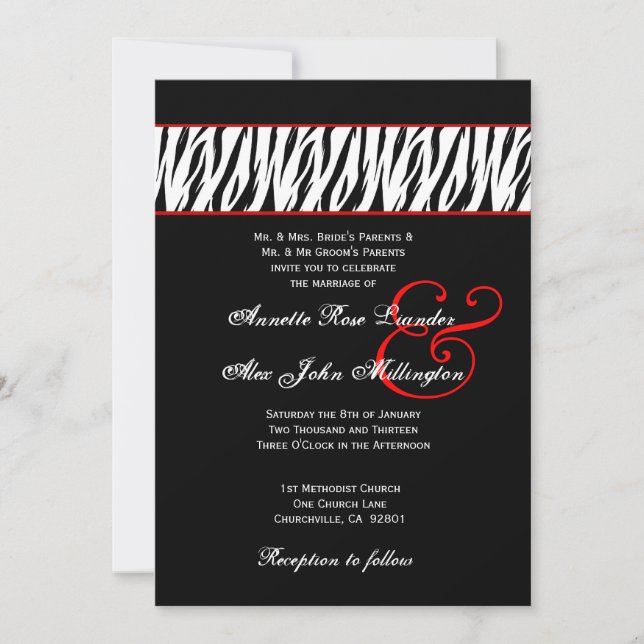 Convite Black White Zebra Red Accents Casamento Z002 (Frente)