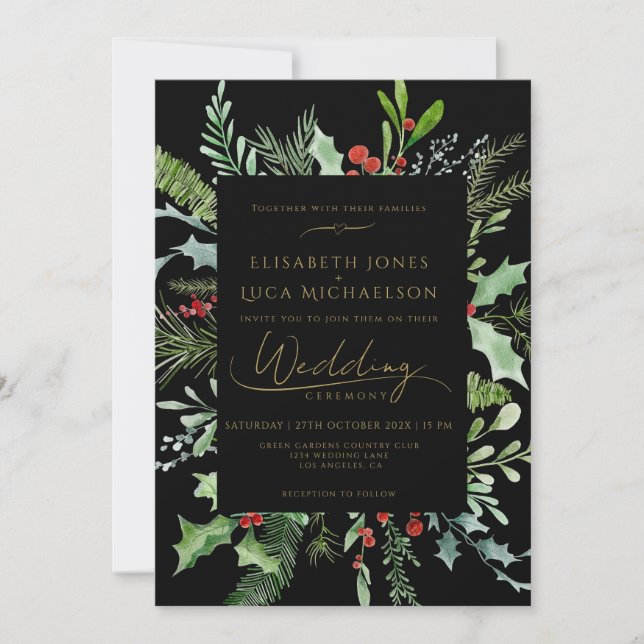 Convite Black Winter Berry Leaf Botanical Monogram Wedding (Frente)
