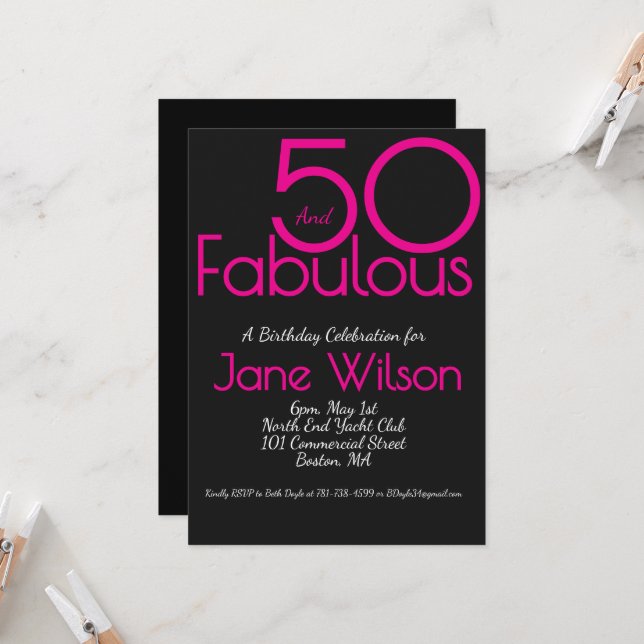 Convite  Black with Pink Text 50 and Fabulous Birthday   (Frente/Verso In Situ)