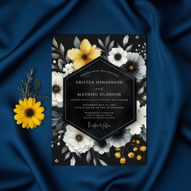 Convite Black Yellow Botanical Romance Wedding (Criador carregado)