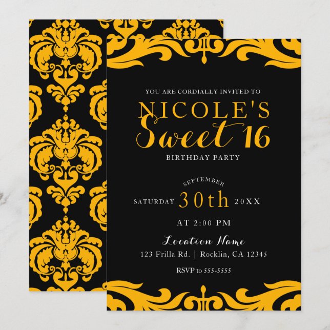 Convite Black & Yellow Damask Chic Elegante Festa Doce 16 (Frente/Verso)