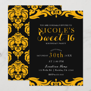 Convite Black & Yellow Damask Chic Elegante Festa Doce 16