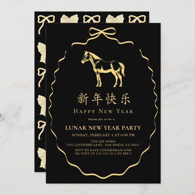 Convite Black Yellow/Gold Bow Horse Chinese New Year Party (Frente/Verso)