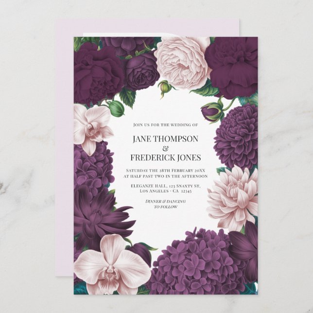 Convite Blackberry, Smoky Plum & Lilac Ash Wedding (Frente/Verso)